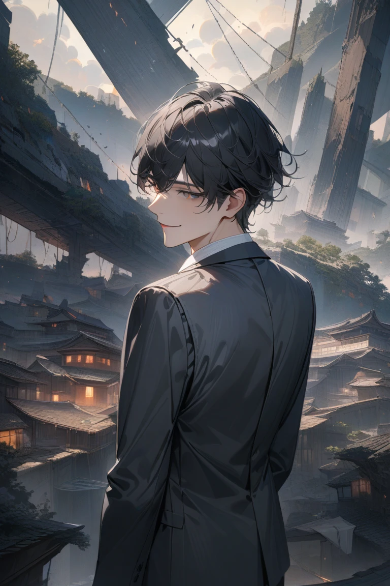 A handsome man with short black hair is wearing a charcoal gray suit. He has a kind and sincere smile., Surrealism, best quality, highres, high details, super detail,8k