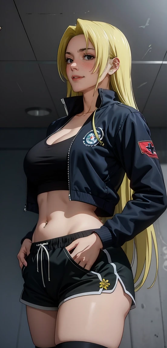 Yuki tsukumo from jujutsu kaisen, long hair, blonde hair, front view detailed body, long belly, big , tight body , large breast, thicc thighs, 1girl, photo_background, gym, shorts, long_hair, thighhighs, short_shorts, crossed_arms, navel, black_shorts, solo, looking_at_viewer, midriff, black_thighhighs, navel_piercing, dolphin_shorts, lips, realistic, tattoo, jacket, breasts, standing , front shot, facing at viewer 