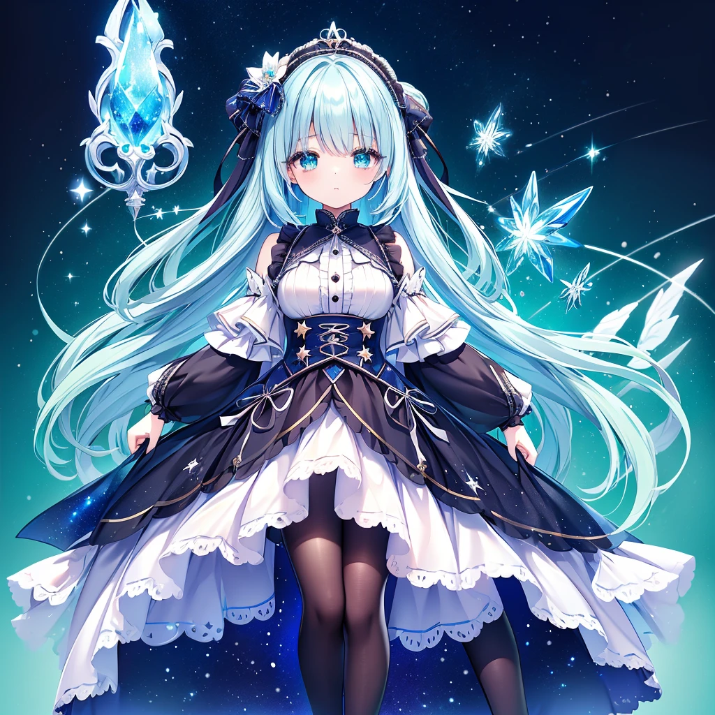 1girl、Star Fairy、Star incarnation、Character design front view、A picture facing the viewer、(((Super detailed、Highest quality、Masterpiece)))、Original cute hairstyle、Milky white and blue hair color、Simple Green Background、vtuber-fullbody,Black goth 、Gothic、