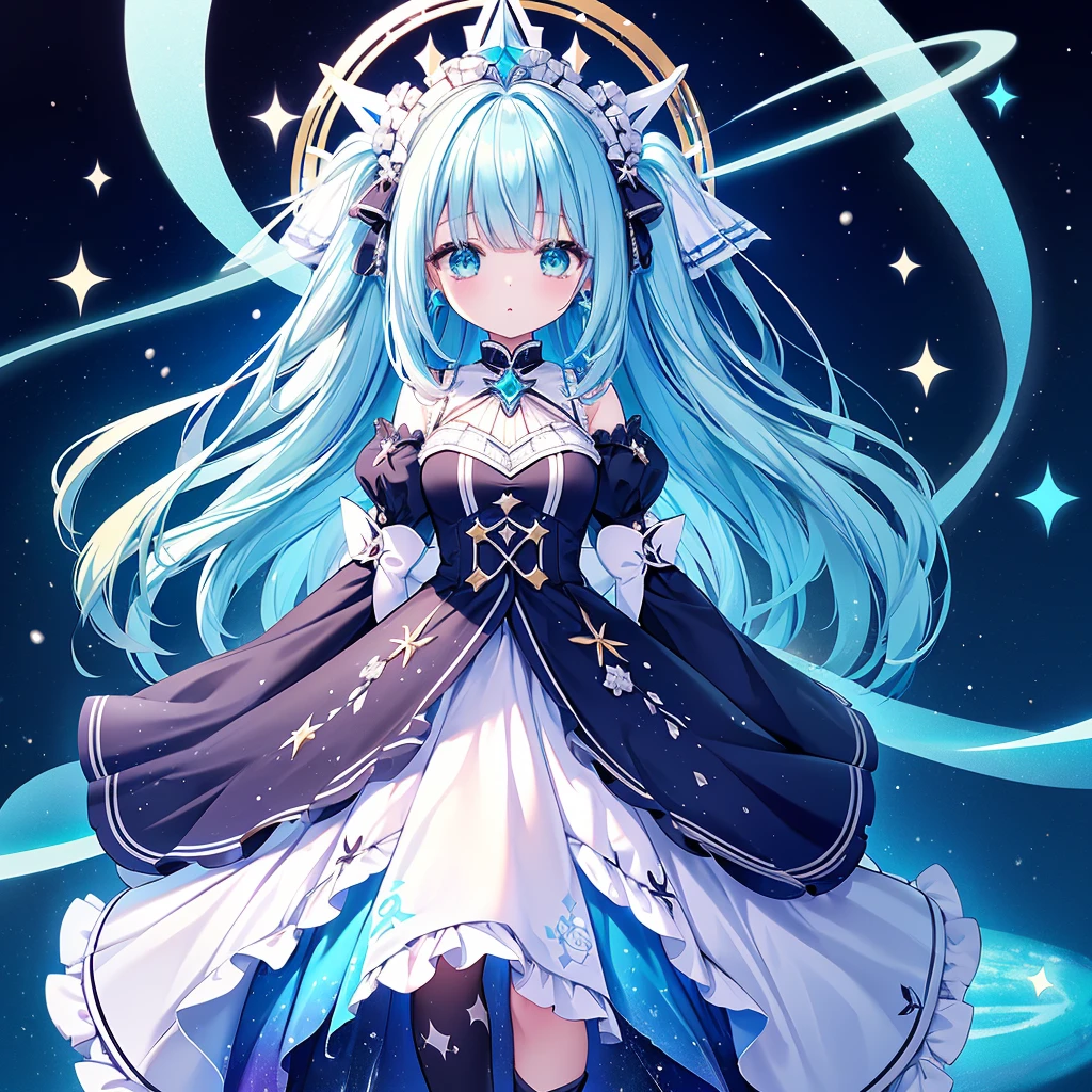 1girl、Star Fairy、Star incarnation、Character design front view、A picture facing the viewer、(((Super detailed、Highest quality、Masterpiece)))、Original cute hairstyle、Milky white and blue hair color、Simple Green Background、vtuber-fullbody,Black goth 、Gothic、