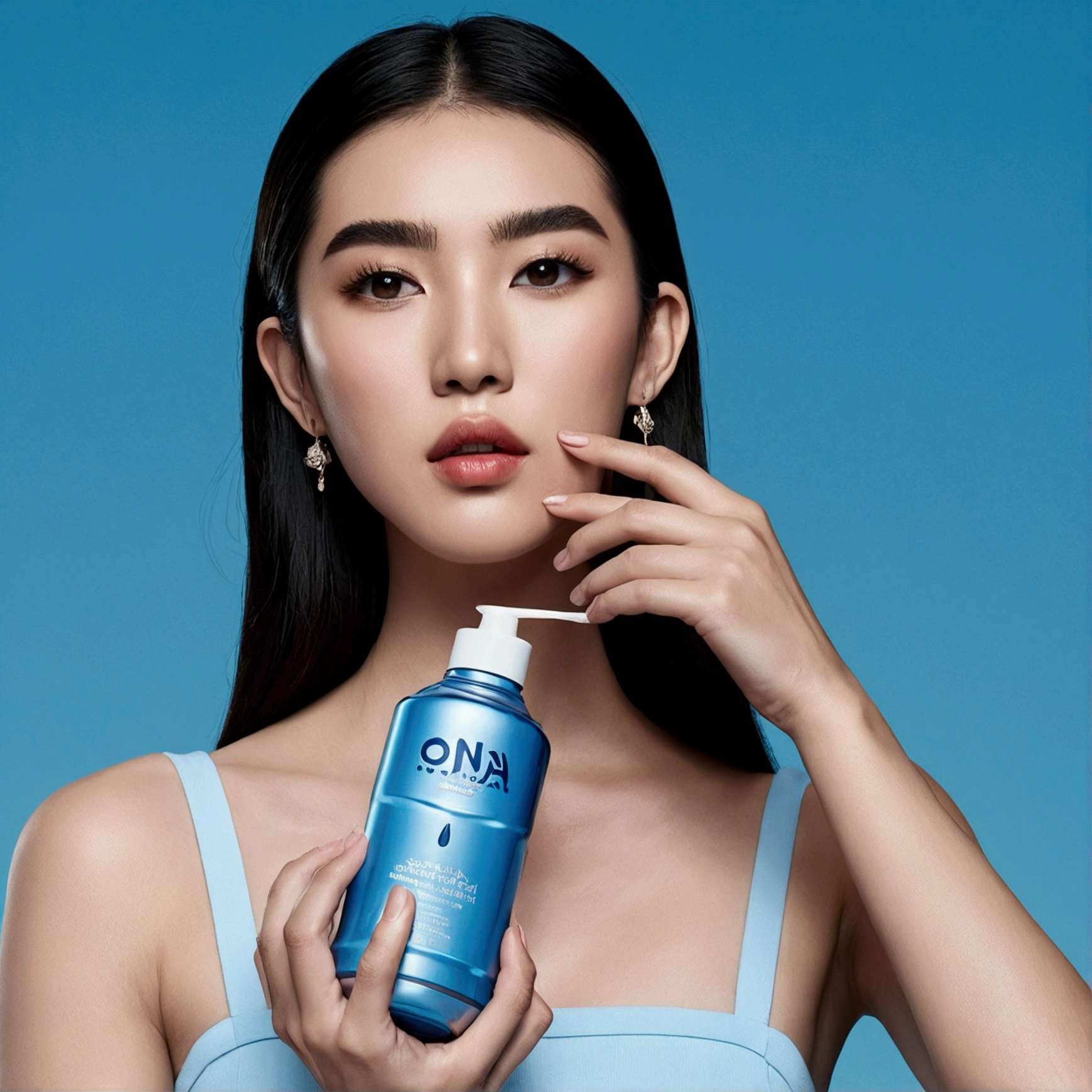 One Chinese holds a water can in one hand，Place it next to your face，Take a photo of the razor brand，ad campaign，H3H3，Taoist，shot of，beauty retouch，Cool and bright tones，Dua Lipa，Official Product Pictures，inspired by Luo Ping，Clean face and body skin