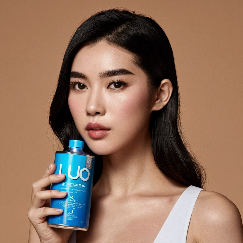 One Chinese holds a water can in one hand，Place it next to your face，Take a photo of the razor brand，ad campaign，H3H3，Taoist，shot of，beauty retouch，Cool and bright tones，Dua Lipa，Official Product Pictures，inspired by Luo Ping，Clean face and body skin