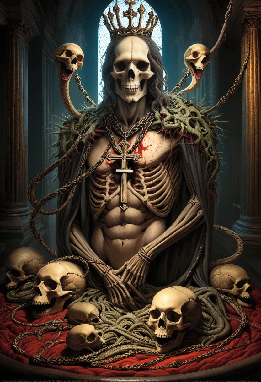 Dark ambient, Intricate Details, Studio Lights, Mystical Ambient, Mechanical, Asymmetric, Mystical Ambient, the result rendered must be made it from parts of the dead human bodies and skulls, skeletons of poisonous vipers and snakes and other reptiles, bones, worldly scum, still life should be surrounding the main objects artwork, horror, evil, hell, murdered innocents and must look very real with a blooded crown of spines, rusted and worn metallic chains and it must transmit the pain of the crucifixion of Jesus Christ, art by Carne Griffiths and Wadim Kashin.