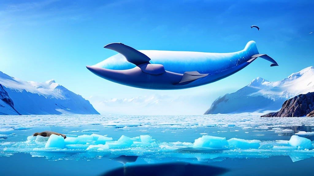 a giant flying whale, whale opening its mouth wide, over the ice floe, clear sky, ethereal, cinematic lighting, dramatic colors, hyperrealistic, 8k, extremely detailed, photorealistic, glowing ethereal whale, dramatic ice floes, cinematic composition, vibrant colors, stunning lighting, masterpiece, (best quality,4k,8k,highres,masterpiece:1.2),ultra-detailed,(realistic,photorealistic,photo-realistic:1.37)