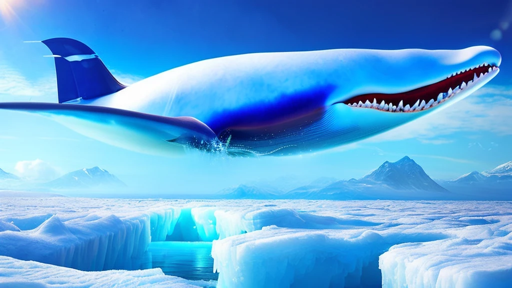 a giant flying whale, whale opening its mouth wide, over the ice floe, clear sky, ethereal, cinematic lighting, dramatic colors, hyperrealistic, 8k, extremely detailed, photorealistic, glowing ethereal whale, dramatic ice floes, cinematic composition, vibrant colors, stunning lighting, masterpiece, (best quality,4k,8k,highres,masterpiece:1.2),ultra-detailed,(realistic,photorealistic,photo-realistic:1.37)