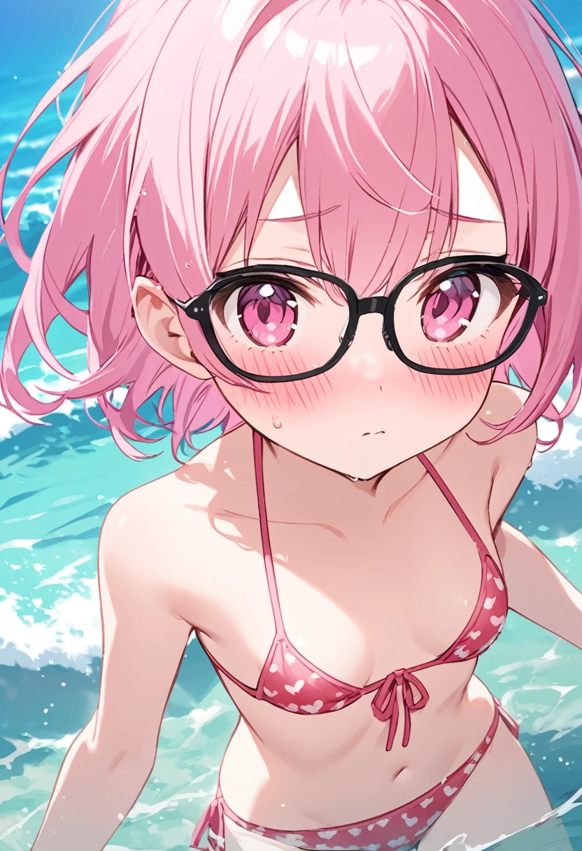 pink hair black glasses pink eyes extremely blushing she has very small breasts she wears a bikini she is a reserved girl who is in the sea