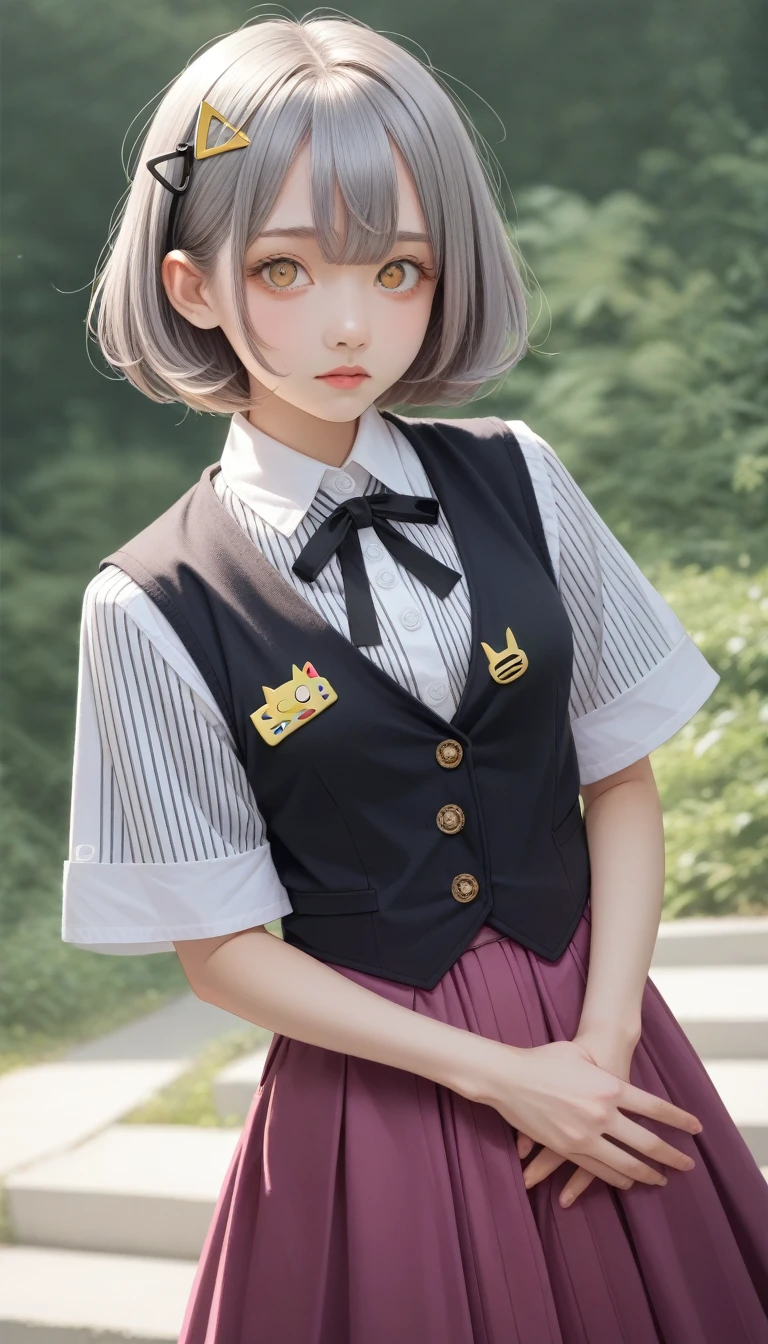 score_9_up, score_8_up, score_7_up, score_6_up,Girls, Gray Hair, short hair, Yellow Eyed, Small Breasts, Cat hair ornaments, Side lock, Gray Hair, Shiny hair, , (Golden Eyes: 1.2), (There are two long triangle extensions on the skirt, Abdominal vest), White buttons for vest corset, (Wear a short-sleeved striped shirt under the vest), (The sleeves end close to the arms), (There is a thick black ribbon around the neck), ( Magenta skirt),