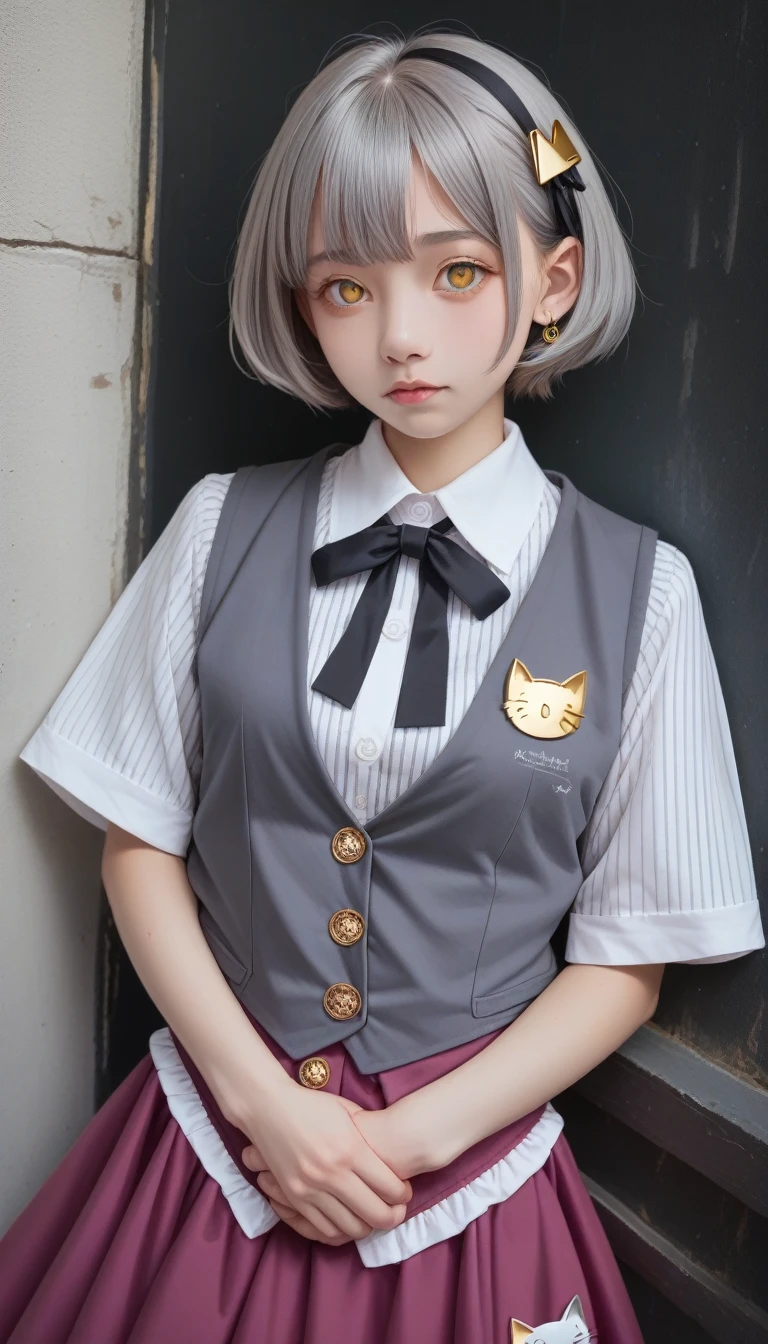 score_9_up, score_8_up, score_7_up, score_6_up,Girls, Gray Hair, short hair, Yellow Eyed, Small Breasts, Cat hair ornaments, Side lock, Gray Hair, Shiny hair, , (Golden Eyes: 1.2), (There are two long triangle extensions on the skirt, Abdominal vest), White buttons for vest corset, (Wear a short-sleeved striped shirt under the vest), (The sleeves end close to the arms), (There is a thick black ribbon around the neck), ( Magenta skirt),