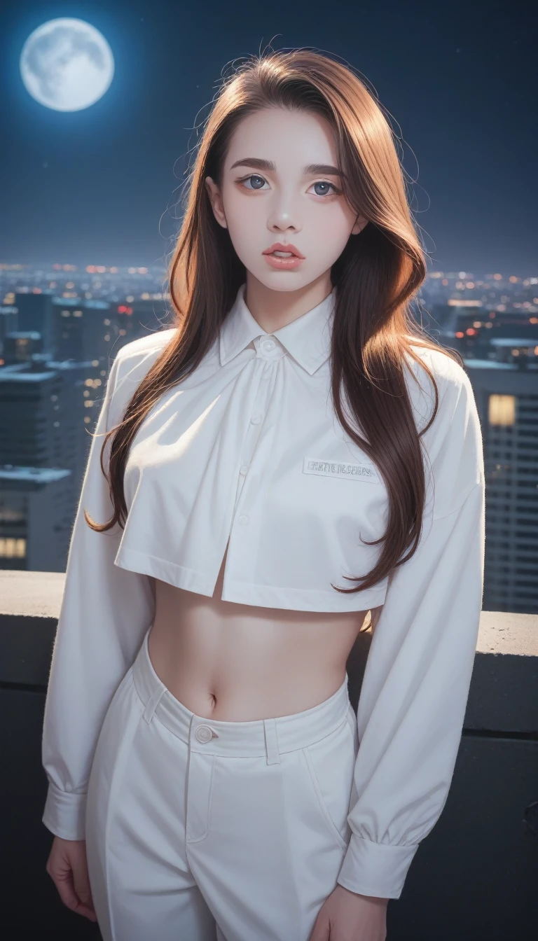 score_9_up, score_8_up, score_7_up, score_6_up,masterpiece, best quality, (Solitary focus), (Perfect face:1.1), (High Detail:1.1), (Extremely detailed eyes), dramatic, (1 person:0.5), (Pale skin), 金色的Long hair, Ethereal eyes, (light eyebrows), Solitary, Long hair, Jordan Barrett, moon, night, White luxury suit, Cover the navel, Pursed lips, fur, A proud expression, futuristic city, Detailed background, Artgerm&#39;s Artwork, light, Rose, Fashion, Balenciaga style