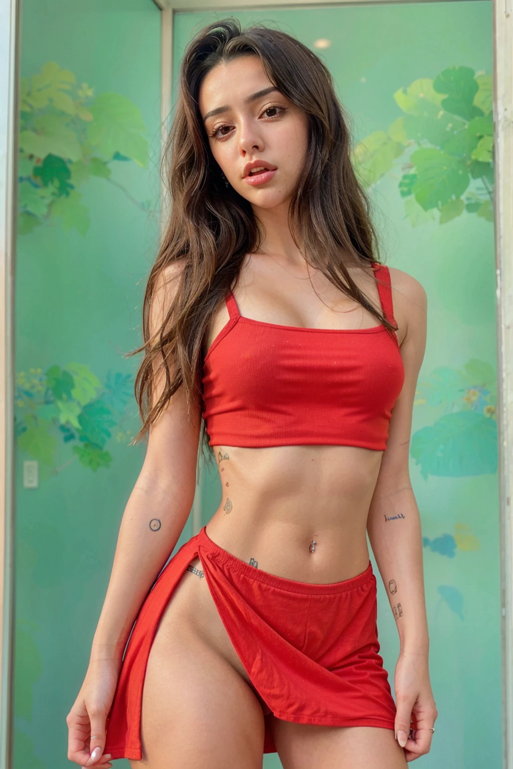 a close up of (1girl, solo, realistic, looking at viewer, dark skin, brown hair, brown eyes) in a red dress, (tipo de cuerpo pequeño:1.1), (petite body), multiple angles, tongue out, charli xcx, ava max, bella poarch, she looks like a mix of grimes, charli bowater, sexy look, billie eilish, madison beer as leeloo, portrait of kim petras, 25 years old, the super hot and sexy, looks a blend of grimes