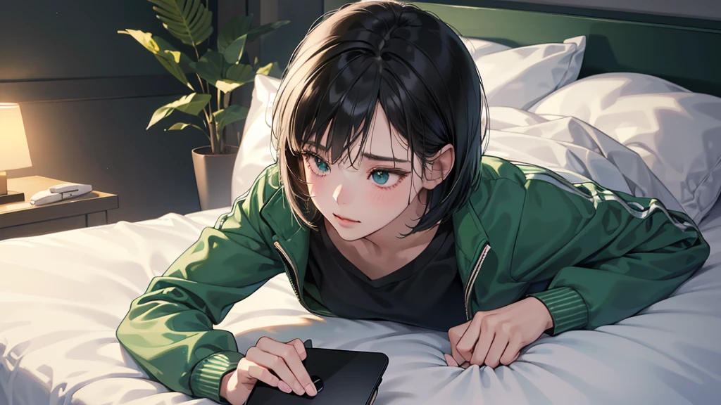 (perfect anatomy:1.2)(absurdres, highres, ultra detailed),masterpiece,best quality,high resolution,8k,Realistic face,Realistic skin texture,magnified textures, stunning clarity,detailed anime girl,(ultra detailed eyes and face),(1 girl:1.5)21years old,she is office worker,,black hair, bob cut, No-makeup look,,green school track jacket and green track pants,white t-thirt,(The chest is visible)(Lying on her bed on her face down,look down smartphone,sleepy eyes,small nose,roundface,Women's Apartments in suburb,(faint light),moonlight,(midnight),,(sleepy),(happy)cowboy shot,Foliage plant