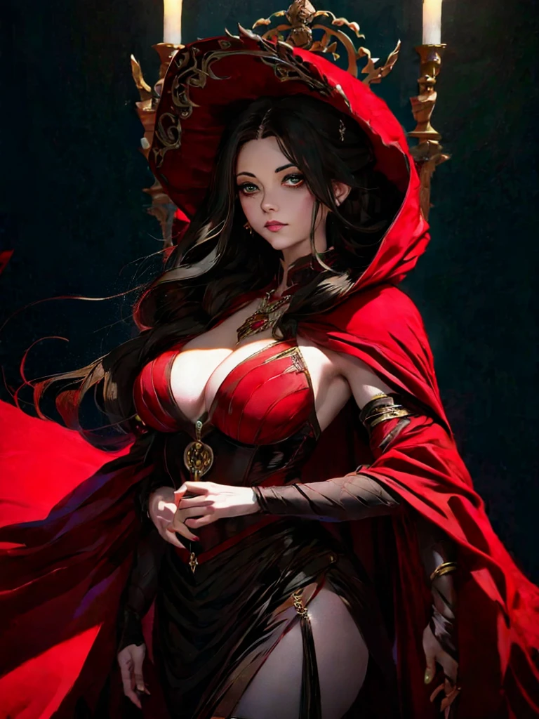 a poster of a woman in a red cloak and a red cape, poster art by Jorge Jacinto, Artstation, gothic art, goddess of death, queen of death, saturno butto. occult art, tarot card goddess of death, martin ansin, persephone as goddess of death, in style of dark fantasy art, goddess of death in a graveyard