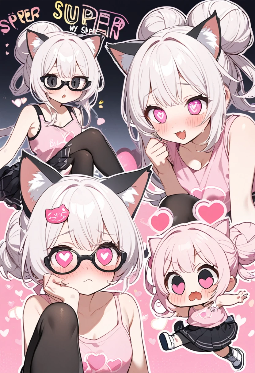 I have white pink hair, cat ears, a bun, my face is super blushing, black glasses, pink heart eyes, and if you could, in lingerie, black stockings, a cat&#39;s tail, a very shy girl, that you are lying on your bed how suspicious it is very small