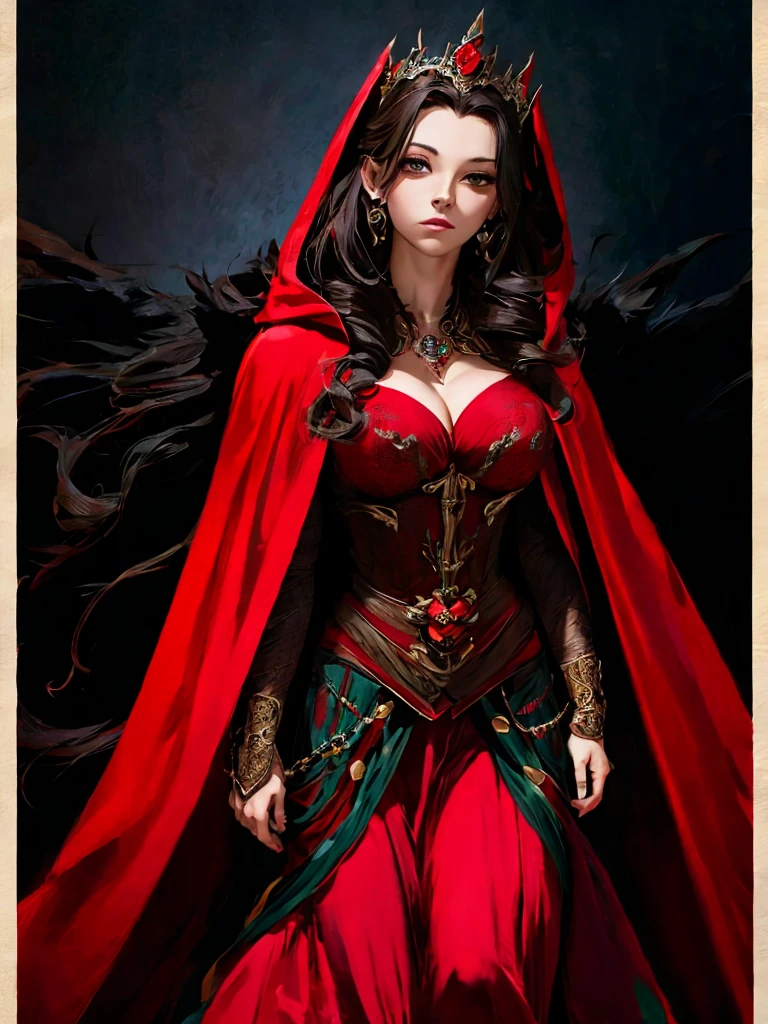 a poster of a woman in a red cloak and a red cape, poster art by Jorge Jacinto, Artstation, gothic art, goddess of death, queen of death, saturno butto. occult art, tarot card goddess of death, martin ansin, persephone as goddess of death, in style of dark fantasy art, goddess of death in a graveyard