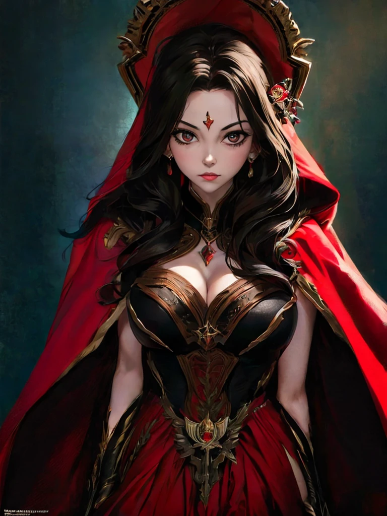 a poster of a woman in a red cloak and a red cape, poster art by Jorge Jacinto, Artstation, gothic art, goddess of death, queen of death, saturno butto. occult art, tarot card goddess of death, martin ansin, persephone as goddess of death, in style of dark fantasy art, goddess of death in a graveyard