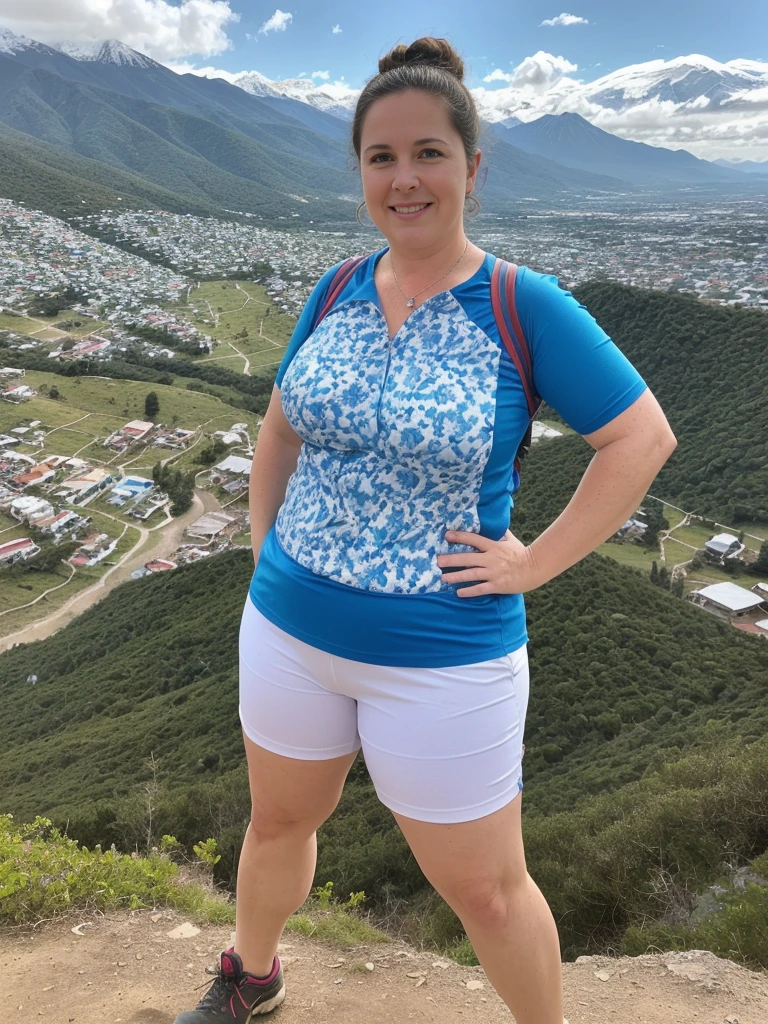 her name is Annette, high quality, ((mature)), ((white pale skin)), 1girl, ((40-year-old chubby Swiss woman)), ((40 years old)), ((chubby)), ((brunette)), pose: standing, wearing stylish blue (((wearing light printed attire for hiking))), ((BACKGROUND: overlooking Offers hiking mountains in Naica, Mexico)), random pose, messy bun hair