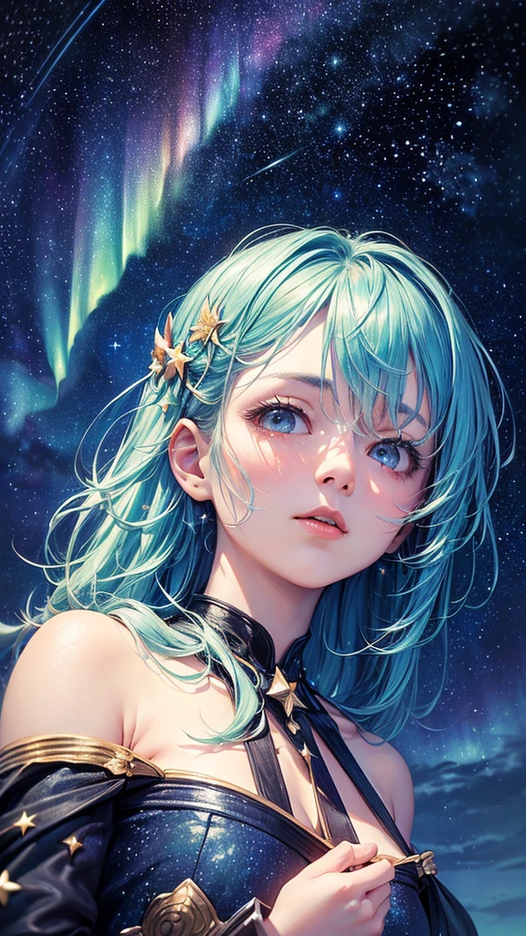 ((masterpiece))、((Highest quality))、((Realistic feel))、((A starry path leading to the starry sky:1.6))、Pastel-toned landscape、Pitch Black、The scenery sways、My mind wanderoonlight shines、Immersion、Cool blue shade、1By people、The sky is high、Aurora Color Spectrum、Dim and dim、High Contrast、Super beautiful graphics