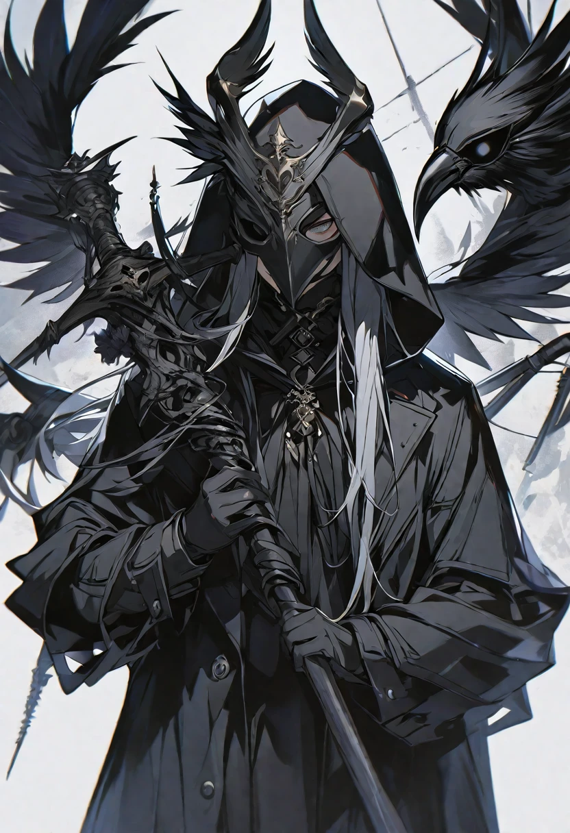 solo, handsome, 1 woman, long hair, black color hair, Gray eyes, black coat, black gloves, Holding the  black plague Crow mask in hand, Black hood, neutral expression