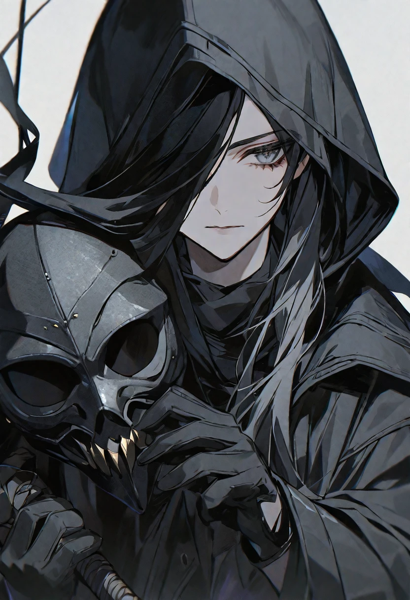 solo, handsome, 1 woman, long hair, black color hair, Gray eyes, black coat, black gloves, Holding the black plague Crow mask in hand, Black hood, neutral expression