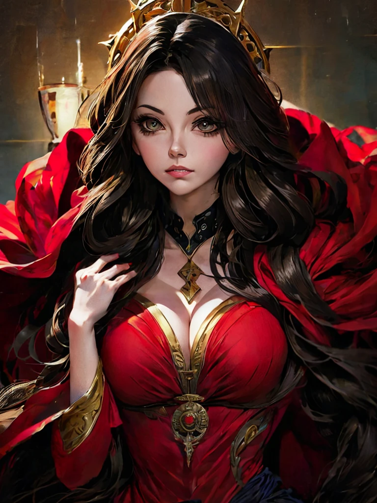 a poster of a woman in a red cloak and a red cape, goddess of death, by Jorge Jacinto, by Santiago Martínez Delgado, queen of death, saturno butto. occult art, tarot card goddess of death, by José Comas Quesada, martin ansin, by Emiliano Di Cavalcanti, persephone as goddess of death