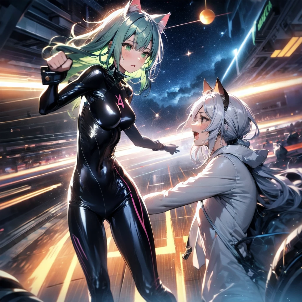 A silver-haired beautiful girl with cat ears eyes are green hair is silver and long clothes: a form-fitting black combat suit The fist is an afterimage The background is a city at night her is in a cat-like fighting pose The year is 14 years monitor, Dark Night, Sweat, Steam of Exhalation, Space, Battle, Dynamic Angle　one girl