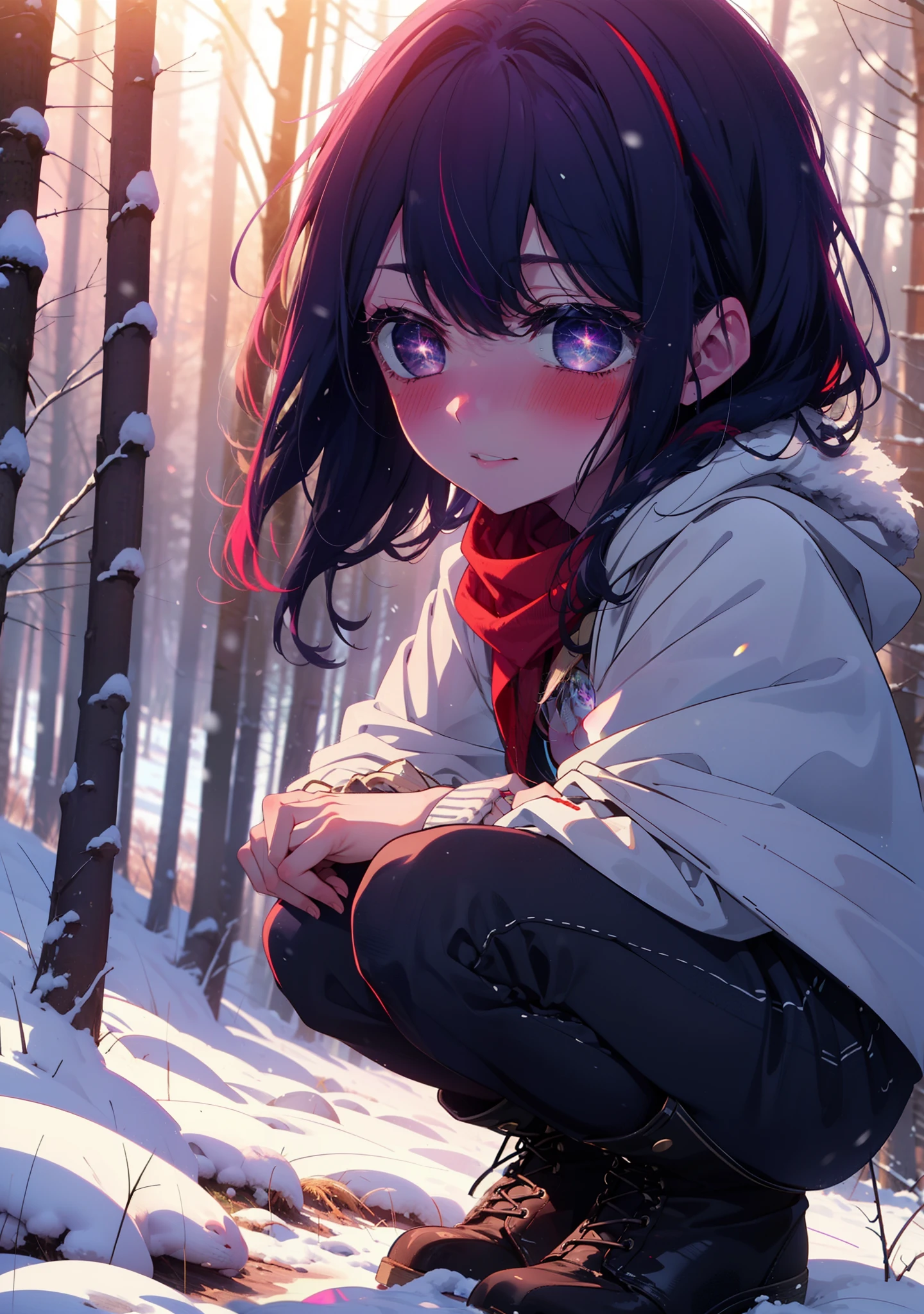 aihoshino, Ai Hoshino, Long Hair, bangs, (Purple eyes:1.1), Purple Hair, (Symbol-shaped pupil:1.5), smile,,smile,blush,white breath,
Open your mouth,snow,Ground bonfire, Outdoor, boots, snowing, From the side, wood, suitcase, Cape, Blurred, , forest, White handbag, nature,  Squat, Mouth closed, Cape, winter, Written boundary depth, Black shoes, red Cape break looking at viewer, Upper Body, whole body, break Outdoor, forest, nature, break (masterpiece:1.2), Highest quality, High resolution, unity 8k wallpaper, (shape:0.8), (Beautiful and beautiful eyes:1.6), Highly detailed face, Perfect lighting, Extremely detailed CG, (Perfect hands, Perfect Anatomy),