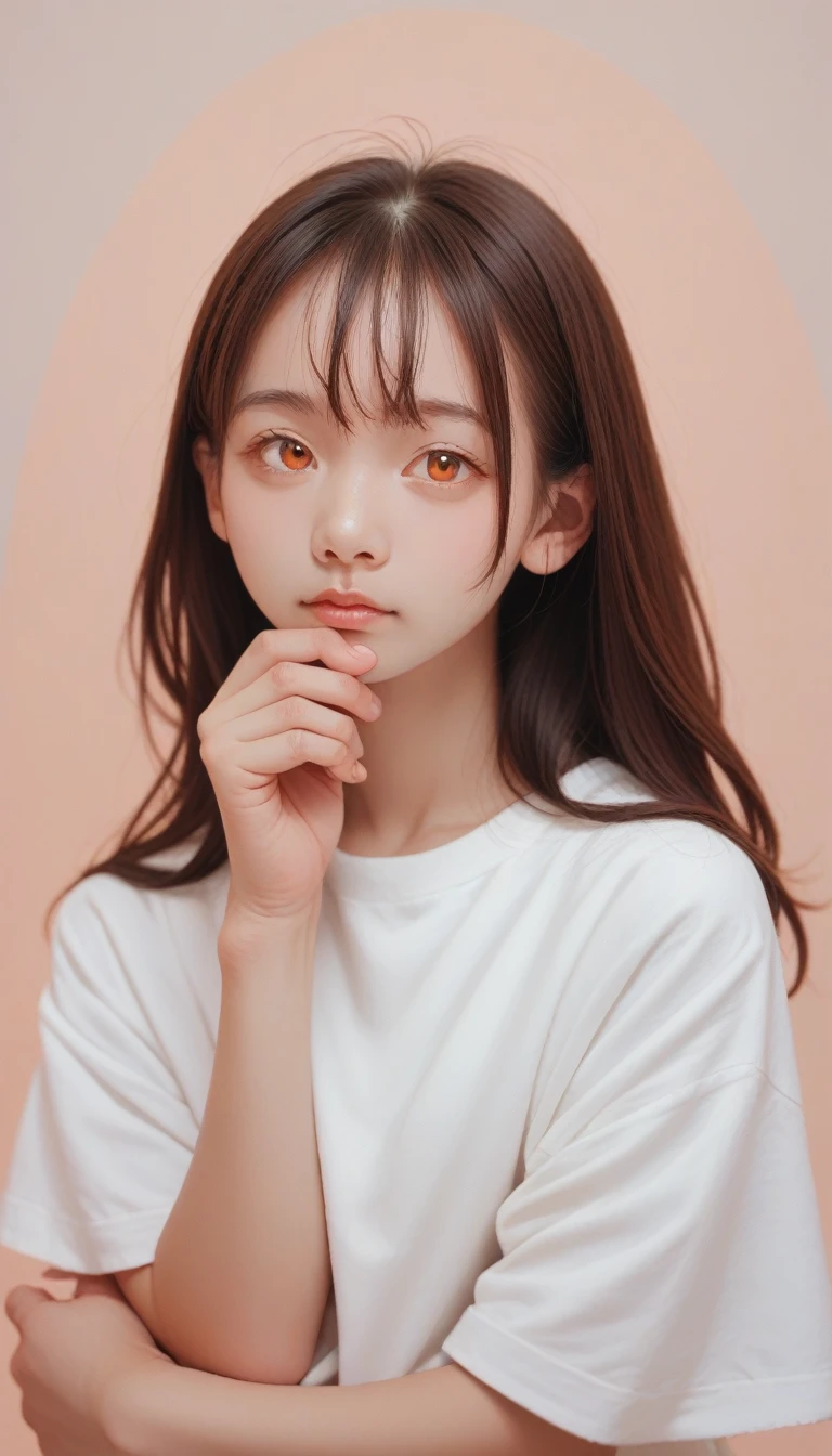 score_9_up, score_8_up, score_7_up, score_6_up,girl, Brown hair, Orange Eyes, Fingers crossed, In the center of the universe, ((Anime style)), White shirt, Soft colors, Colored background, Space Background, Soft brushstrokes