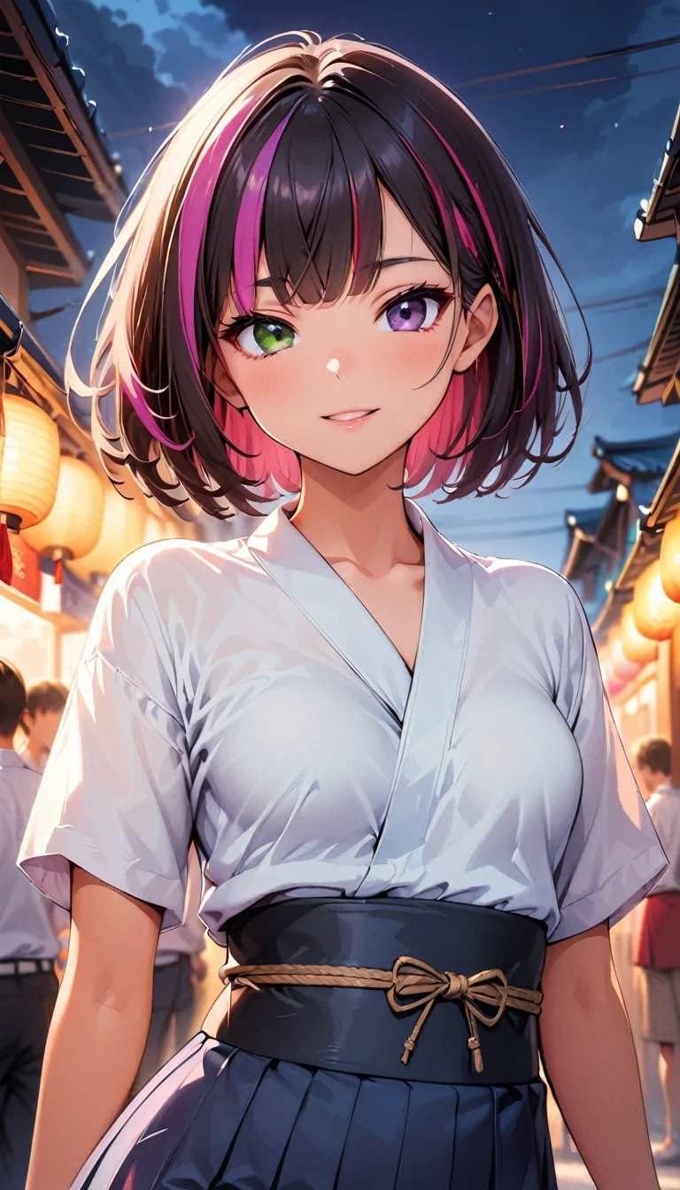 (highest quality:1.2, Very detailed, up to date, Vibrant, Ultra-high resolution, High Contrast, masterpiece:1.2, highest quality, Best aesthetics), Portraiture、girl、solo, (25-years-old:1), slim, , heterrochromia, green eye, red eye, (traditional yukata), summer festival, bon dance, Bright colors、Beautiful fine details、Beautiful lip detail、extra short hair, ((bob cut:1.5))、pink and purple, ((streaked hair:1.9)), (highlights hair: 1.6), (small breast:1.3), (tan skin:0.7), cowboy shot:1