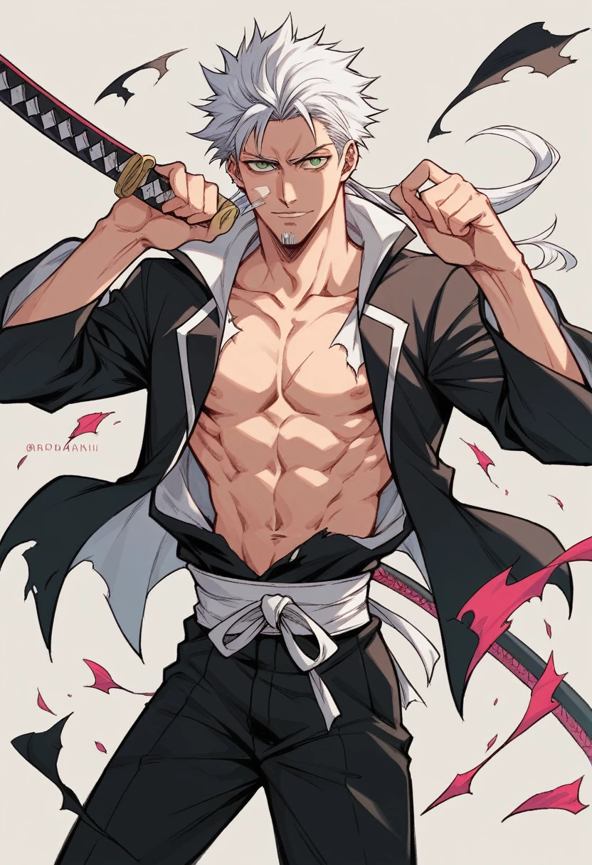 1 men, bonitas, spiky white hair, vibrant green eyes, slim , アニメ, 19yearsold, 19 years, a small goatee, bleach, double katana