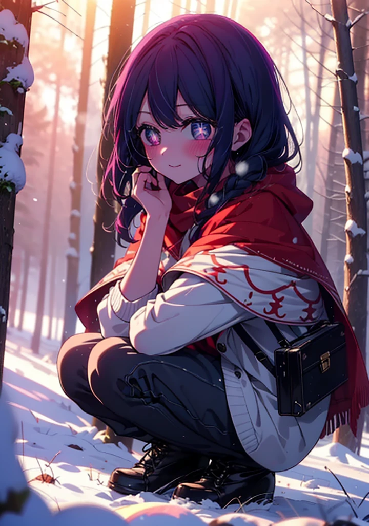 aihoshino, Ai Hoshino, Long Hair, bangs, (Purple eyes:1.1), Purple Hair, (Symbol-shaped pupil:1.5), smile,,smile,blush,white breath,
Open your mouth,snow,Ground bonfire, Outdoor, boots, snowing, From the side, wood, suitcase, Cape, Blurred, , forest, White handbag, nature,  Squat, Mouth closed, Cape, winter, Written boundary depth, Black shoes, red Cape break looking at viewer, Upper Body, whole body, break Outdoor, forest, nature, break (masterpiece:1.2), Highest quality, High resolution, unity 8k wallpaper, (shape:0.8), (Beautiful and beautiful eyes:1.6), Highly detailed face, Perfect lighting, Extremely detailed CG, (Perfect hands, Perfect ???????),