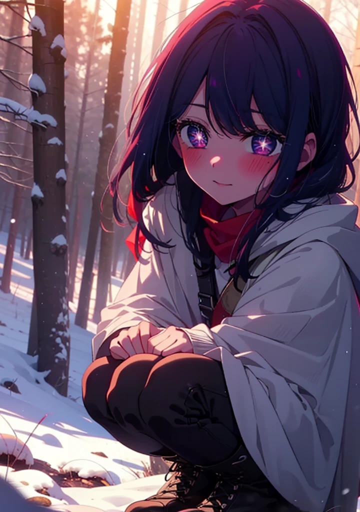 aihoshino, Ai Hoshino, Long Hair, bangs, (Purple eyes:1.1), Purple Hair, (Symbol-shaped pupil:1.5), smile,,smile,blush,white breath,
Open your mouth,snow,Ground bonfire, Outdoor, boots, snowing, From the side, wood, suitcase, Cape, Blurred, , forest, White handbag, nature,  Squat, Mouth closed, Cape, winter, Written boundary depth, Black shoes, red Cape break looking at viewer, Upper Body, whole body, break Outdoor, forest, nature, break (masterpiece:1.2), Highest quality, High resolution, unity 8k wallpaper, (shape:0.8), (Beautiful and beautiful eyes:1.6), Highly detailed face, Perfect lighting, Extremely detailed CG, (Perfect hands, Perfect Anatomy),