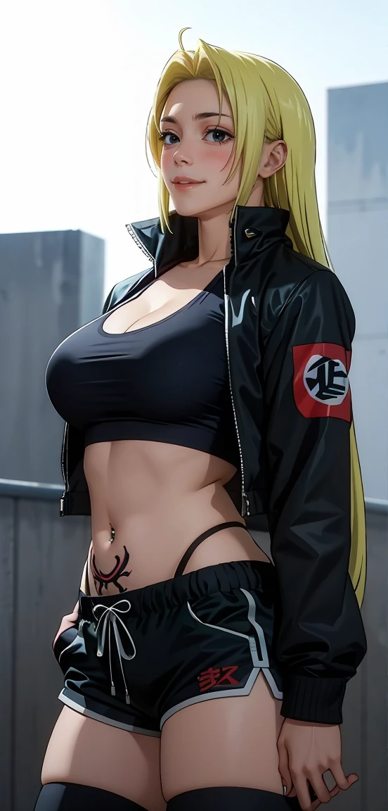 Yuki tsukumo from jujutsu kaisen, long hair, blonde hair, front view detailed body, long belly, big , tight body , large breast, thicc thighs, 1girl, photo_background, gym, shorts, long_hair, thighhighs, short_shorts, crossed_arms, navel, black_shorts, solo, looking_at_viewer, midriff, black_thighhighs, navel_piercing, dolphin_shorts, lips, realistic, tattoo, jacket, breasts, standing , front shot, facing at camera