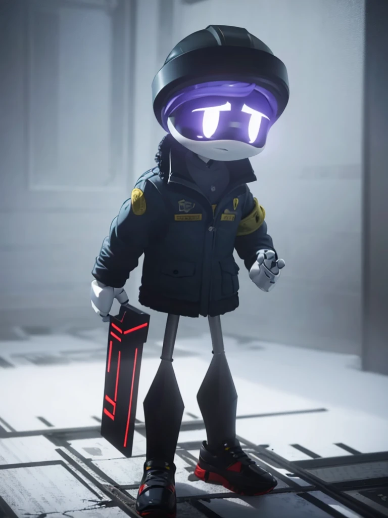 Male, Murder Drone, prototype infiltrator drone, wearing modified formal jacket and helmet, no hair, white X eyes, standing at attention, hands in pockets, fully in frame, full body shot, facing viewer, lone figure, sole figure, alone, incognito, Murder Drones style