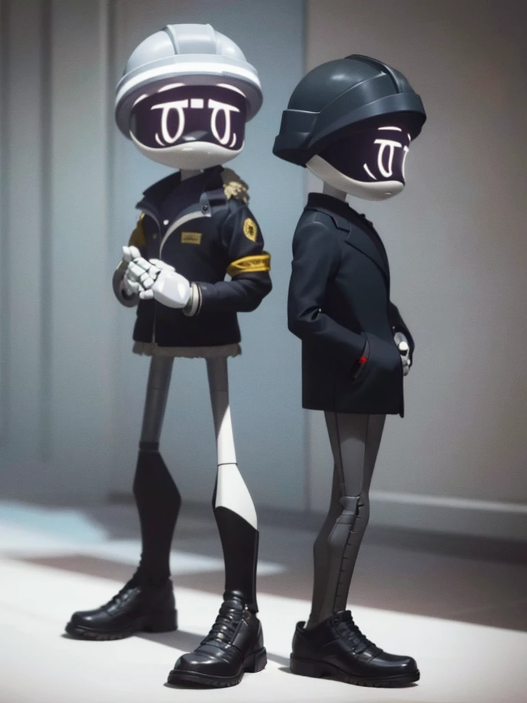 Male, Murder Drone, prototype infiltrator drone, wearing modified formal jacket and helmet, no hair, white X eyes, standing at attention, hands in pockets, fully in frame, full body shot, facing viewer, lone figure, sole figure, alone, incognito, Murder Drones style