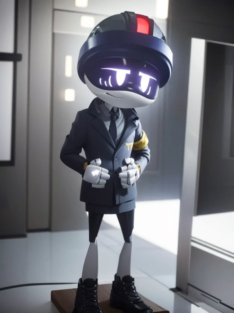 Male, Murder Drone, prototype infiltrator drone, wearing modified formal jacket and helmet, no hair, white X eyes, standing at attention, hands in pockets, fully in frame, full body shot, facing viewer, lone figure, sole figure, alone, incognito, Murder Drones style