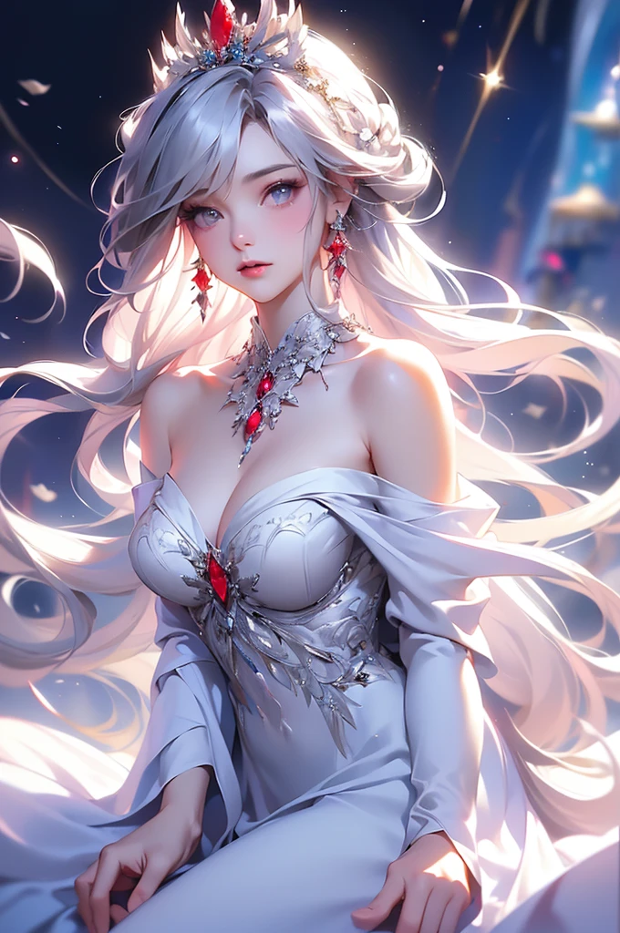 (masterpiece:1.5, Highest quality, Very detailed、 Dutch Angle、Semi-realistic、Fantasy)(One Girl, alone)(White and beautiful hair:1.4,,Straight Long Hair)(White based dress、Fantasyの衣装)、((Off the shoulder、Mid-chest、ruby necklace))(Beautiful cleavage、Legs wrapped in tights)(Beautiful starry sky、Mystical Night、Particles of light float around the woman、Fantasy space) Waiting to start