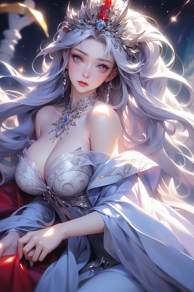 (masterpiece:1.5, Highest quality, Very detailed、 Dutch Angle、Semi-realistic、Fantasy)(One Girl, alone)(White and beautiful hair:1.4,,Straight Long Hair)(White based dress、Fantasyの衣装)、((Off the shoulder、Mid-chest、ruby necklace))(Beautiful cleavage、Legs wrapped in tights)(Beautiful starry sky、Mystical Night、Particles of light float around the woman、Fantasy space) Waiting to start