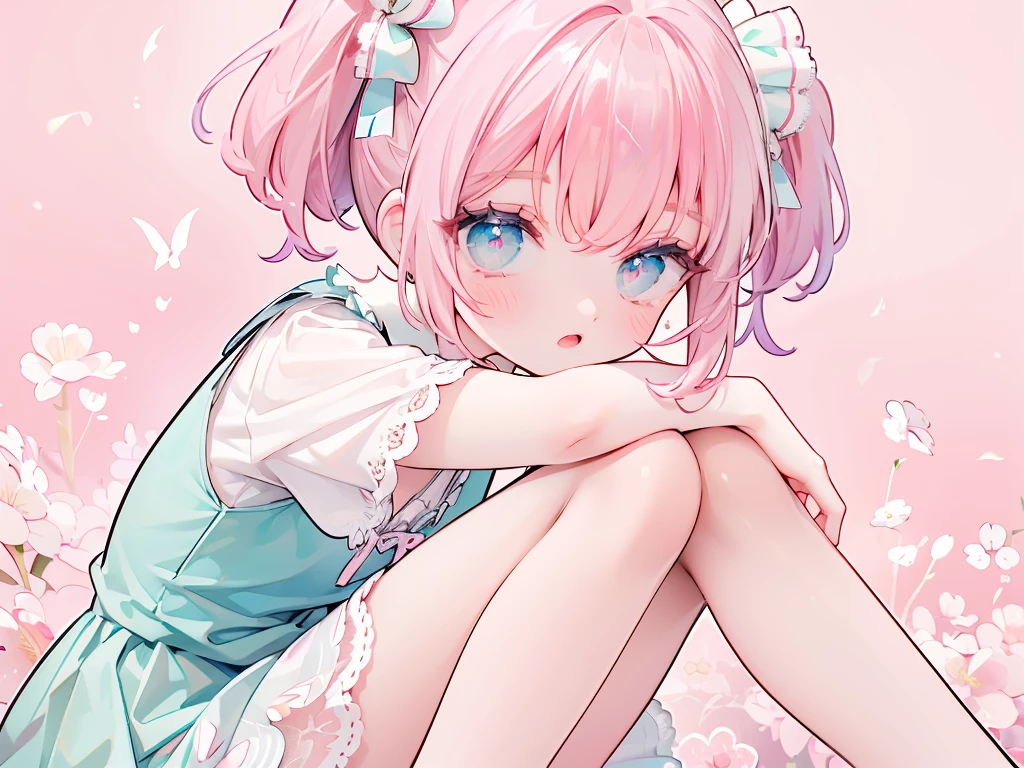 (masterpiece:1.2), best quality, highres, original, (extremely detailed:1.2), ultra-detailed, wallpaper, perfect lighting,(extremely detailed CG:1.2), 8k, 1boy, solo, crossdressing, tomgirl, kawaii, (open the mouth, laughing, happy, twintails, flat chest, pink hair, light-blue eyes:1.1), ( Fashion, pink dress, short-sleeves, bowknot on waistline, lace hemline, knee-length dress, delicate dress:1.2), (anatomically correct:1.3), kneeling, close-up, looking at viewer, frontal, (dreamlike background, pink background, girly background, sakura patterns:1.2)