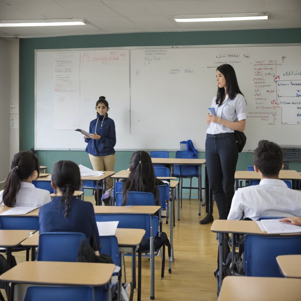Student explaining a talk in class while standing in front of fellow students, the teacher looks attentive, the exposing student points to information on the board, The tables are well made and properly arranged, there are no deformities., each person has their respective limbs without errors, The classmates who look at the student who is presenting are sitting