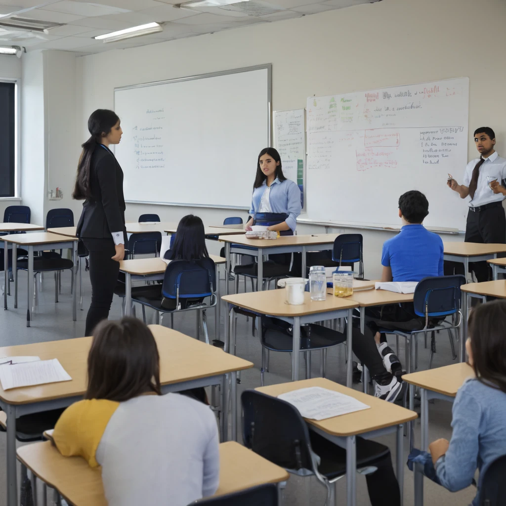 Student explaining a talk in class while standing in front of fellow students, the teacher looks attentive, the exposing student points to information on the board, The tables are well made and properly arranged, there are no deformities., each person has their respective limbs without errors, The classmates who look at the student who is presenting are sitting