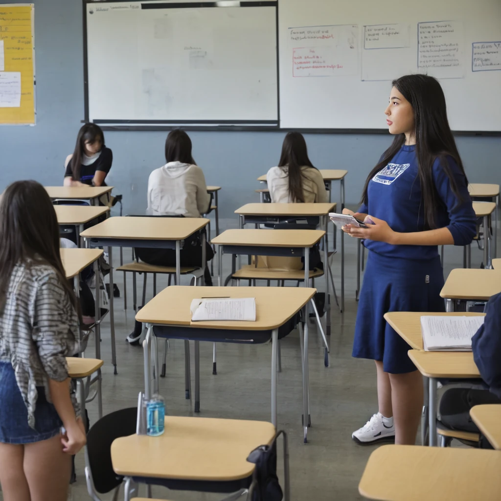 Student explaining a talk in class while standing in front of fellow students, the teacher looks attentive, the exposing student points to information on the board, The tables are well made and properly arranged, there are no deformities., each person has their respective limbs without errors, The classmates who look at the student who is presenting are sitting