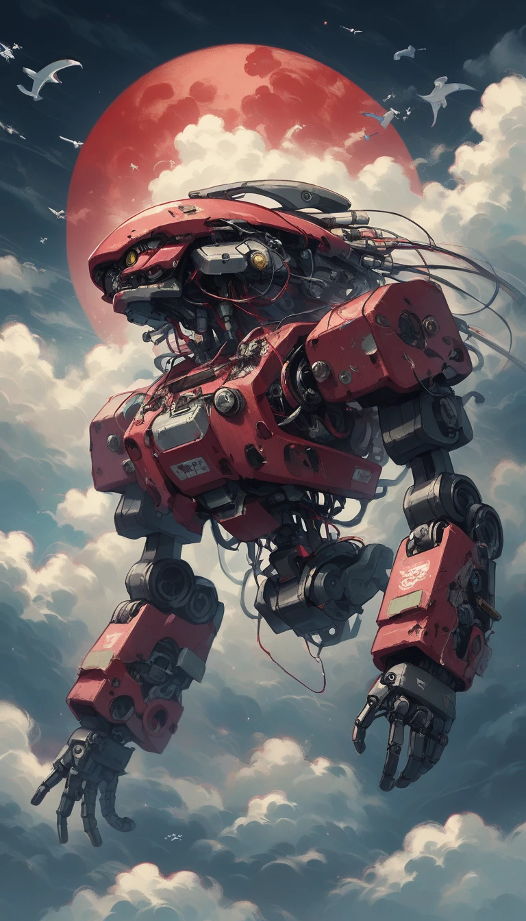 ((ballena voladora de Metal:1.5, robot whale flying through the skies surrounded by clouds:1.5))，(session:1.2)，oxide，Metal, COPPER, Aluminum, The horizon in the distance，MYSTERY, idyllic, Gothic，Gothic教堂，blood red moon，Gothic元素，forest fires，Cold，gloomy, hyper detailed, highly detailed textures, lights, cables, cyberpunk terminals, image sharpness,HD,8k