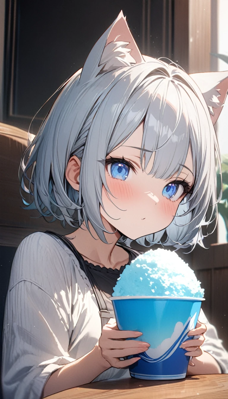 1girl、chibi、(((best quality)), ((masterpiece)), (details), masterpiece, best quality, high quality, ulutra detailed, perfect face, ((1girl, Blue eyes, cat ears: 1.3 silver bob hair: 2.5,)) 、Eat a shaved ice bigger than yourself、Sparkling effect、Heart effect