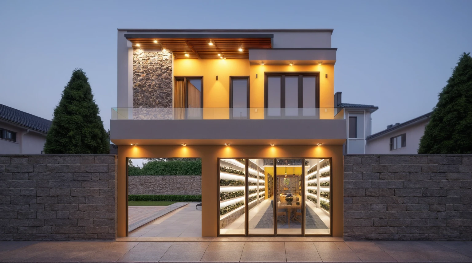Two-storey townhouse, minimalist architecture, modern house, brightly painted walls, stone wall accents, xingfa aluminum glass doors. The canopy is made of resistant iron glass. In the afternoon light, the construction lights are turned on and you can see furniture, the first floor is for business, the second floor is residential. realistic representation. surrealist house
