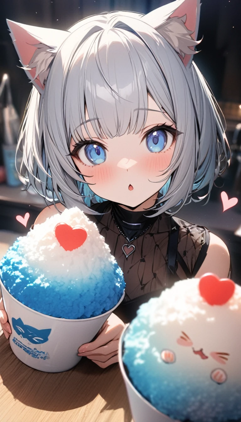 1girl、chibi、(((best quality)), ((masterpiece)), (details), masterpiece, best quality, high quality, ulutra detailed, perfect face, ((1girl, Blue eyes, cat ears: 1.3 silver bob hair: 2.5,)) 、Eat a shaved ice bigger than yourself、Sparkling effect、Heart effect