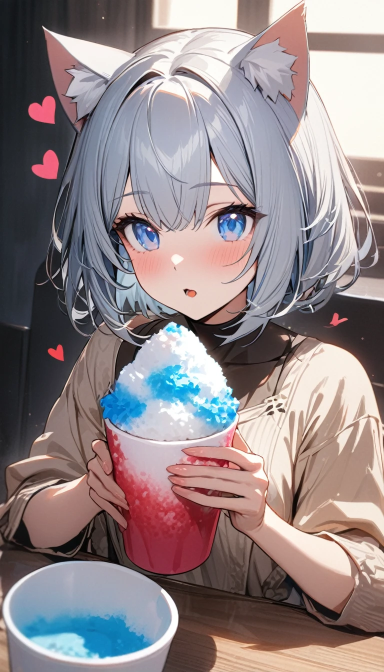 1girl、chibi、(((best quality)), ((masterpiece)), (details), masterpiece, best quality, high quality, ulutra detailed, perfect face, ((1girl, Blue eyes, cat ears: 1.3 silver bob hair: 2.5,)) 、Eat a shaved ice bigger than yourself、Sparkling effect、Heart effect