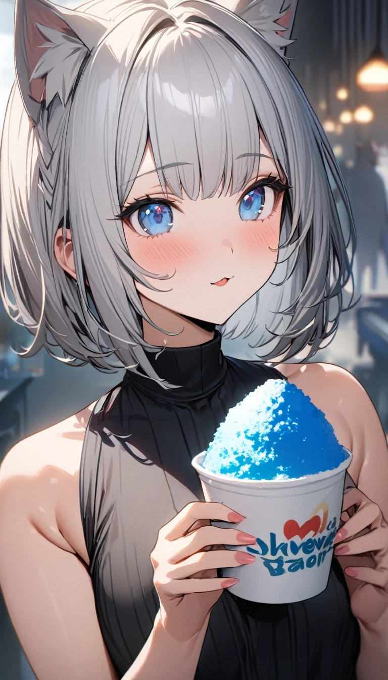 1girl、chibi、(((best quality)), ((masterpiece)), (details), masterpiece, best quality, high quality, ulutra detailed, perfect face, ((1girl, Blue eyes, cat ears: 1.3 silver bob hair: 2.5,)) 、Eat a shaved ice bigger than yourself、Sparkling effect、Heart effect