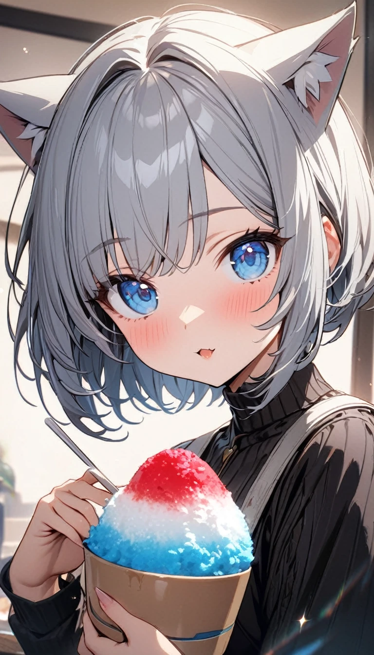 1girl、chibi、(((best quality)), ((masterpiece)), (details), masterpiece, best quality, high quality, ulutra detailed, perfect face, ((1girl, Blue eyes, cat ears: 1.3 silver bob hair: 2.5,)) 、Eat a shaved ice bigger than yourself、Sparkling effect、Heart effect