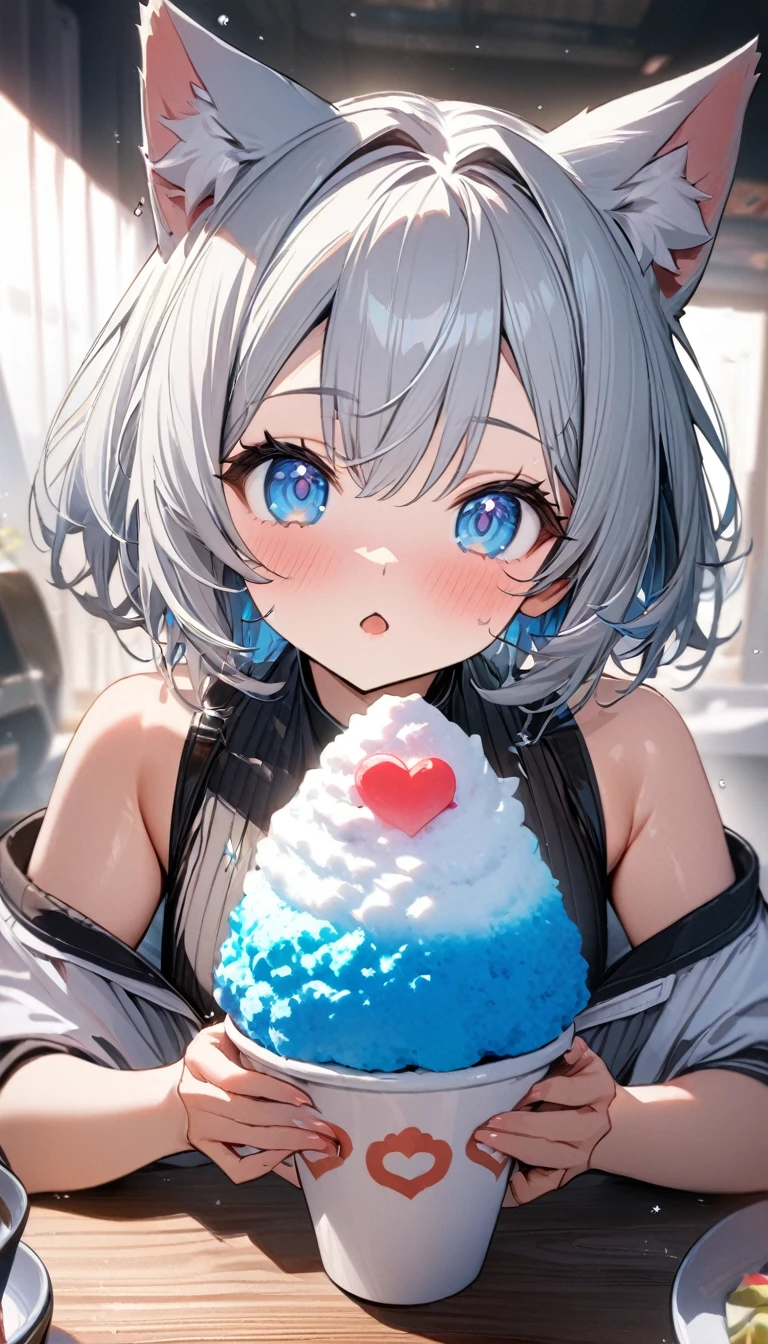 1girl、chibi、(((best quality)), ((masterpiece)), (details), masterpiece, best quality, high quality, ulutra detailed, perfect face, ((1girl, Blue eyes, cat ears: 1.3 silver bob hair: 2.5,)) 、Eat a shaved ice bigger than yourself、Sparkling effect、Heart effect