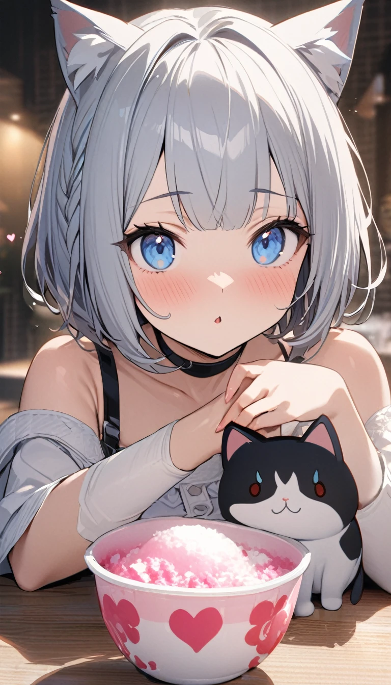 1girl、chibi、(((best quality)), ((masterpiece)), (details), masterpiece, best quality, high quality, ulutra detailed, perfect face, ((1girl, Blue eyes, cat ears: 1.3 silver bob hair: 2.5,)) 、Eat a shaved ice bigger than yourself、Sparkling effect、Heart effect